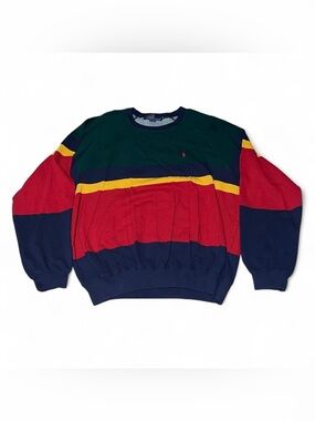 Vtg 90s Polo Ralph Lauren Color block Cotton Knit XL Sweater Crewneck Sweatshirt